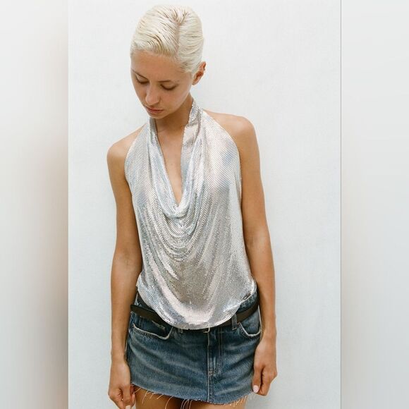 NWT ZARA METALLIC HALTER TOPβsilver - Picture 14 of 16